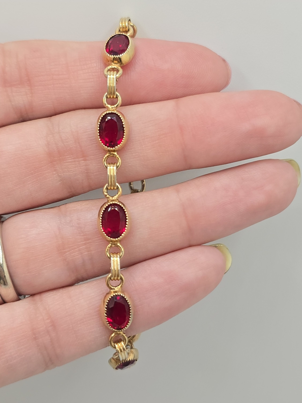 Vintage 1/20 12K Gold Filled Red Glass Link Bracelet 6.75"